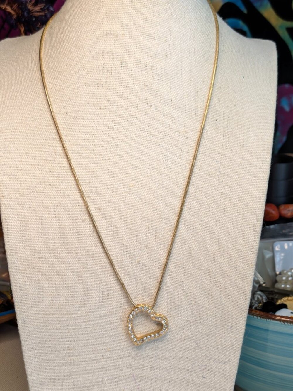 Vintage BMNY Gold Tone Open Heart Necklace with Rhinestones